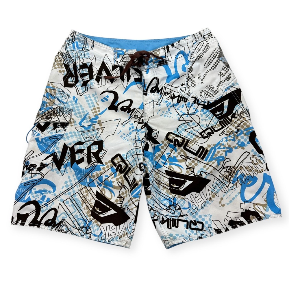 Quiksilver Board Shorts Men's 34 White Blue Graffiti Surf Beach Y2K